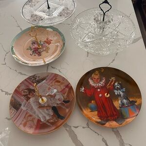 Decorative Clown girl and patterned and glass single teir serving platters